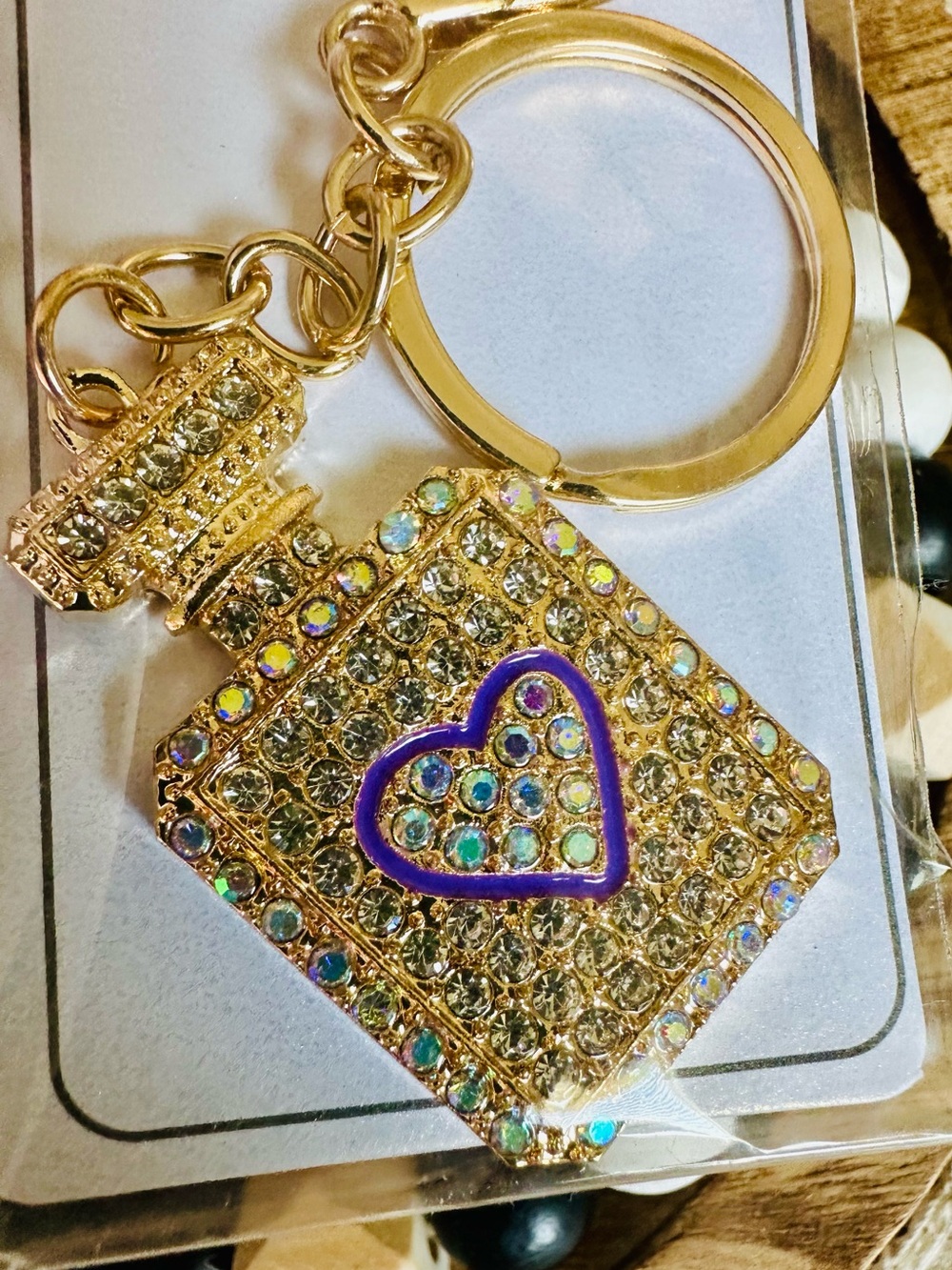 NWT Gold Bag Charm Keychain Crystal Perfume Bottle w/ Purple Enameled Heart